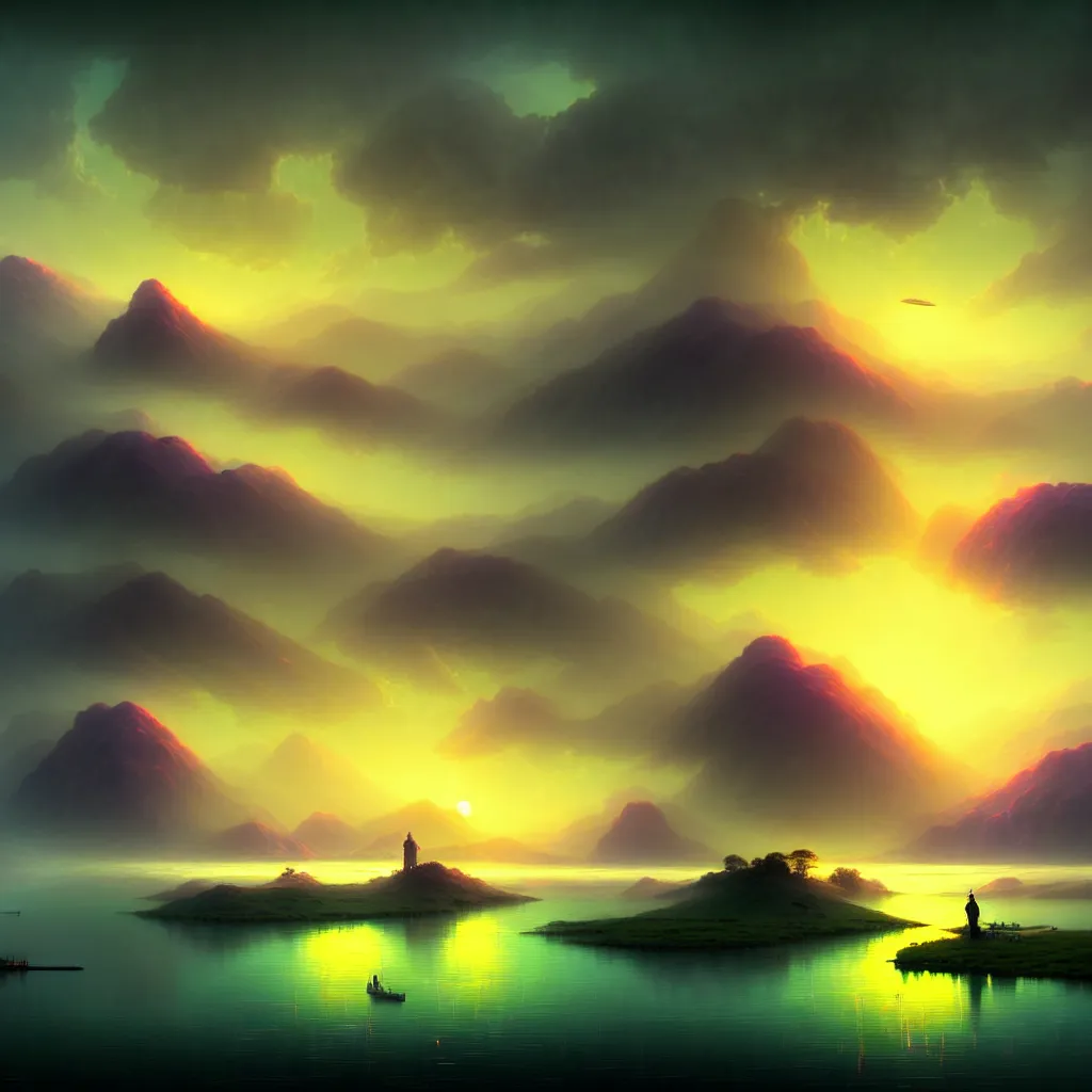 Prompt: a beautiful surreal landscape digital art of the loktak lake, in the style of dan mumford and Ivan Aivazovsky, in the background a futuristic cyberpunk city with lit windows is seen.