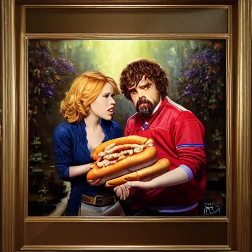 Image similar to portrait of peter dinklage sharing hotdogs with scarlett johansson, an oil painting by ross tran and thomas kincade w 7 6 8