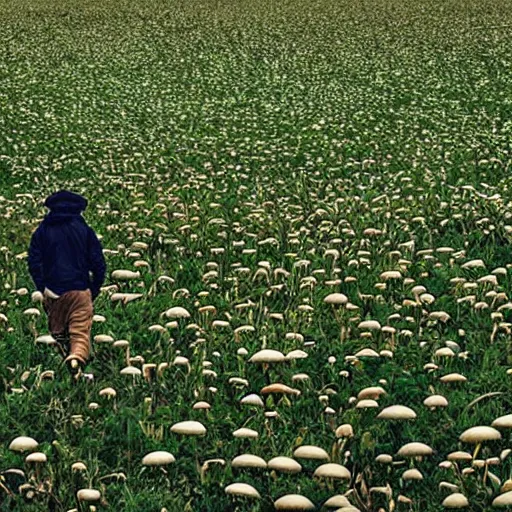 Image similar to “8k photograph man walking through field of mushrooms. National Geographic.”