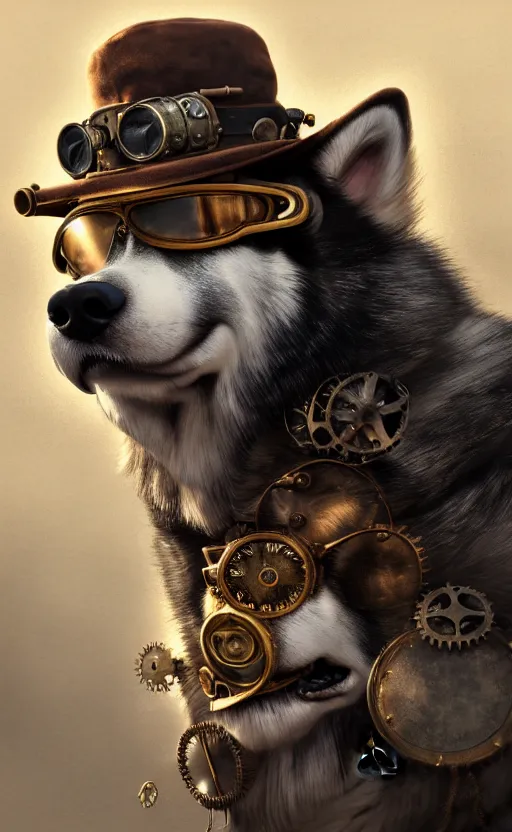 Image similar to hyper realistic ultra - detailed portrait of alaskan malamute face, steampunk hat with goggles and gears, upper body, detective coat, sharp focus, illustration, fantasy style, octane render, volumetric lighting, 8 k high definition, by greg rutkowski, highly detailed, trending on art station