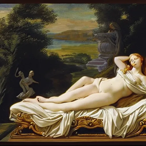 Image similar to by charles le brun, by greg land balmy. a kinetic sculpture of a woman reclining on a bed.