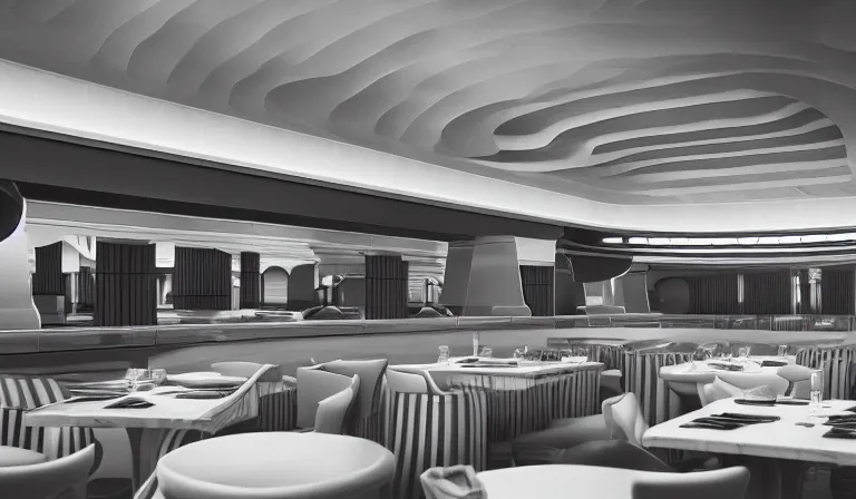 Image similar to a beautiful, sharp focus, clean lines. the interior of an art deco undersea restaurant. vaporwave ombre rendering. outrun style. trending on artstation. recommended for you behance. by chris moore. by edward hopper. ambient occlusion. digital matte painting. metropolis filmic. gotham city.