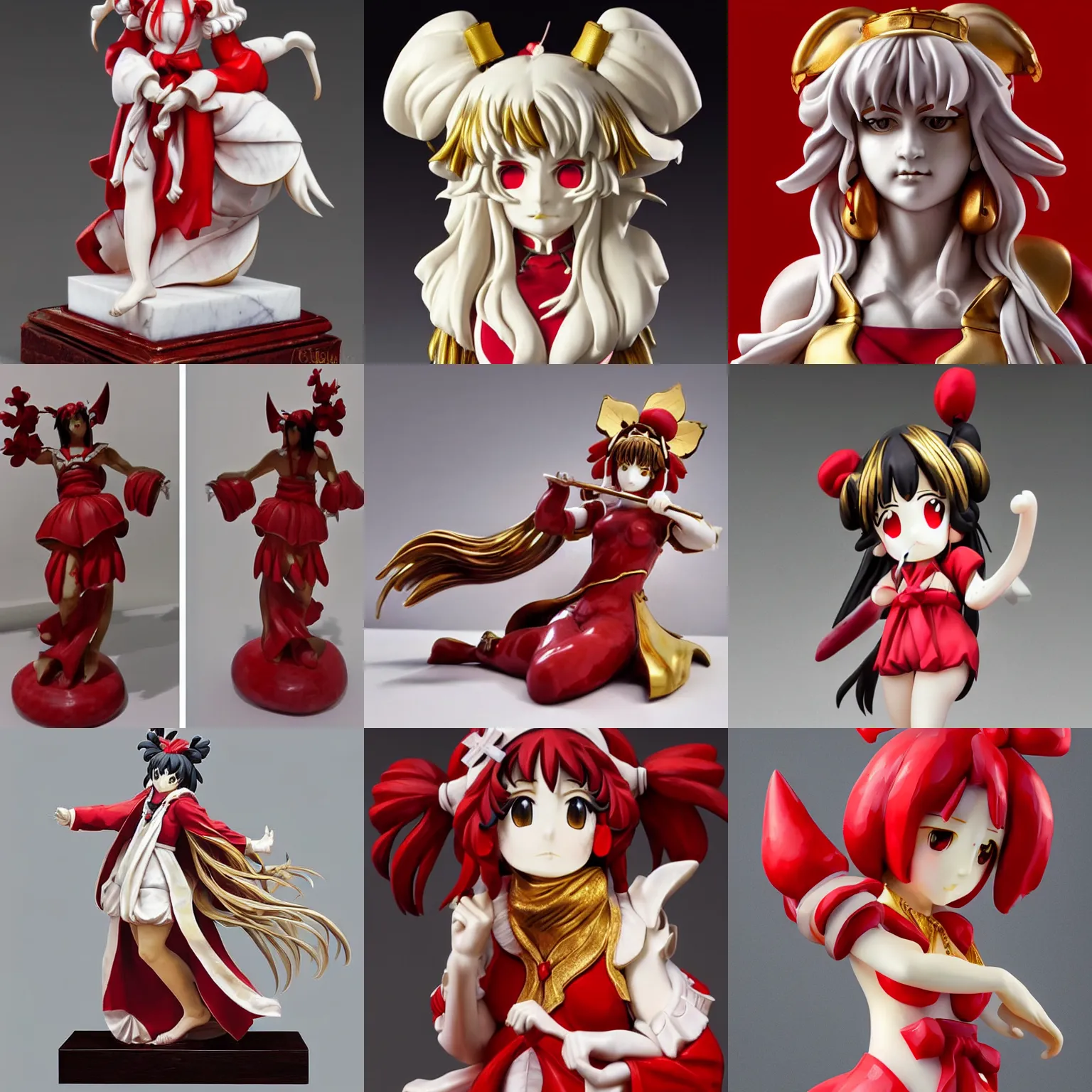 Prompt: a sculpture of reimu hakurei, marble, gold, masterpiece, anatomically correct, ultra realistic, classical, focused, hyperrealistic, extreme details