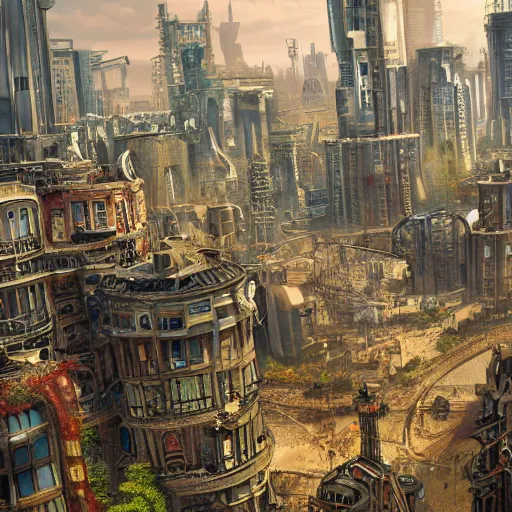 Prompt: Landscape imagery of a steampunk mega city, a viewpoint from the city street, 8k realism, photorealistic imagery