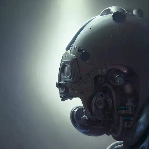 Prompt: a expressive portrait of masked diesel punk robot in dramatic lighting, depth of field background, artstation, award - winning realistic sci - fi concept art by jim burns and greg rutkowski, beksinski, a realism masterpiece, expressive color palette, james gilleard, bruegel, alphonse mucha, and yoshitaka amano