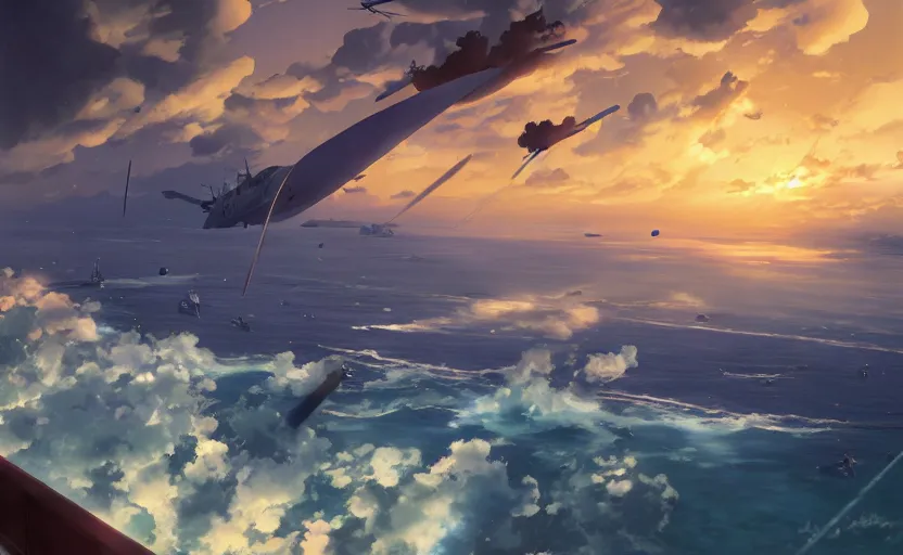 Image similar to Battle of Midway by Makoto Shinkai, magic