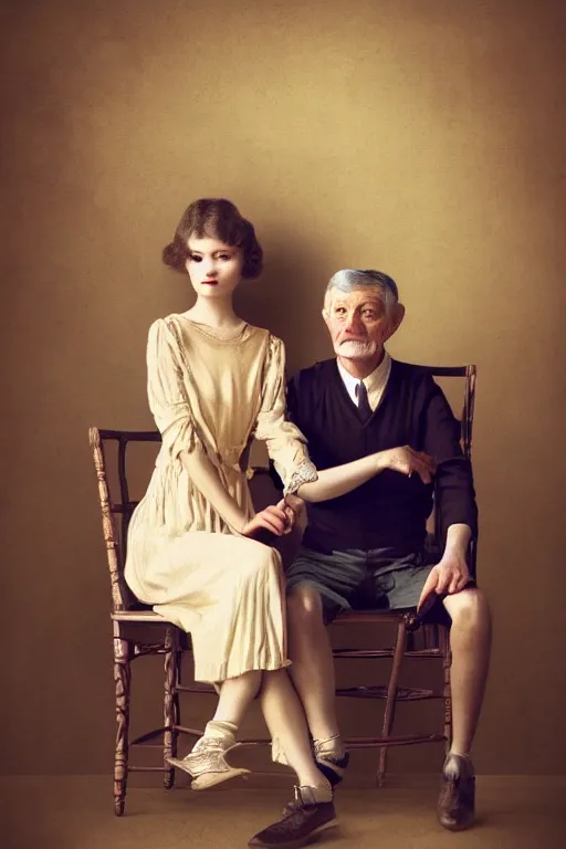 Prompt: a beautiful ultradetailed fine art old vintage couples portrait photo of two people sitting on a chair and standing, by tom bagshaw and zach sutton, couples portrait, vignette, 35mm lens, golden ratio composition, studio photography, very detailed, humanoids, artstation, 8k, highly coherent