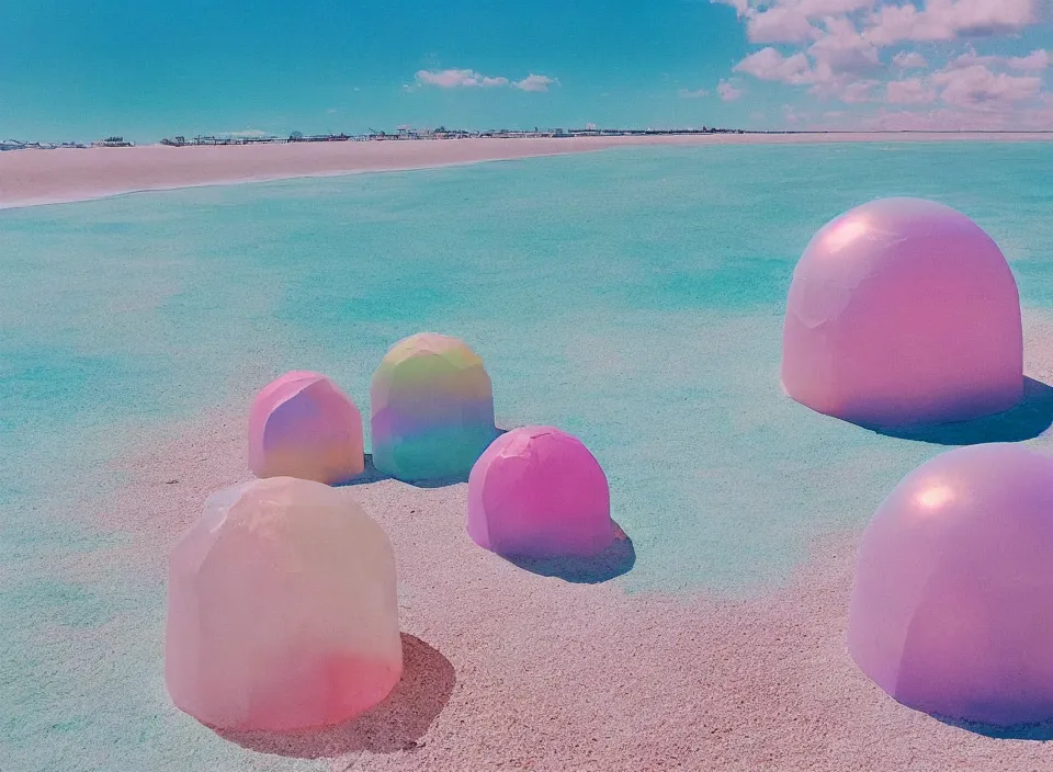 Image similar to a pastel coloured vintage family holiday photo of an empty beach from an alien dreamstate world with chalky pink iridescent!! sand, reflective lavender ocean water, dim bioluminescent plant life and an igloo shaped shiny plastic transparent festival stage and translucent festival box speakers!!. glare. refraction, volumetric light.