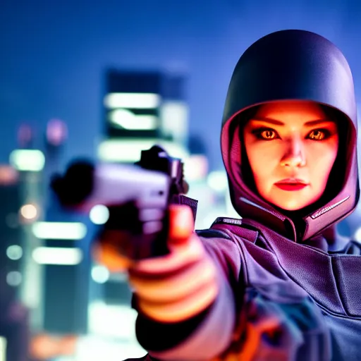 Image similar to photographic portrait of a 2d techwear woman holding a gun, closeup, on the rooftop of a futuristic city at night, sigma 85mm f/1.4, 4k, depth of field, high resolution, 4k, 8k, hd, full color