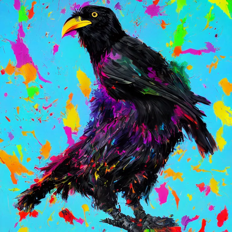 Image similar to colorful illustration of black raven bird, colorful splatters, by andy wrahol and zac retz and kezie demessance