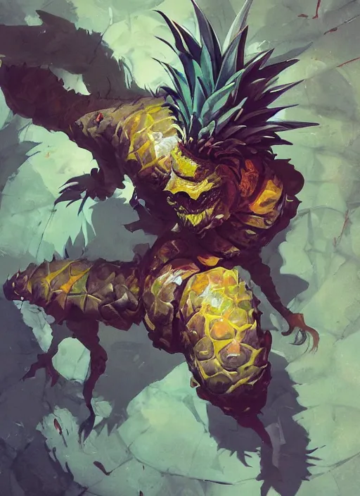 Image similar to semi reallistic gouache gesture painting, by yoshitaka amano, by ruan jia, by Conrad roset, by dofus online artists, detailed anime 3d render pineapple alien monster, pineapple terrible alien monster, antrophomorfic pineapple , portrait, cgsociety, artstation, rococo mechanical, Digital reality, sf5 ink style, dieselpunk atmosphere, gesture drawn