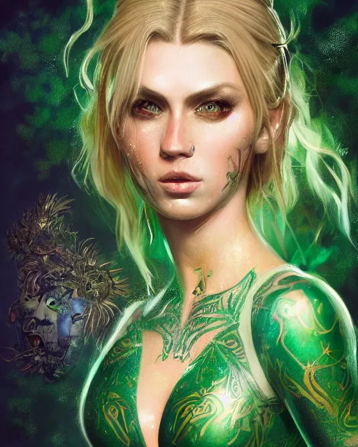Prompt: a close - up of tattooed beautiful blonde female warrior wearing a magical emerald leotard in a magical forest, hyper realistic face, green eyes, fantasy art, in the style of greg rutkowski, illustration, epic, fantasy, intricate, hyper detailed, artstation, concept art, smooth, sharp focus, vibrant