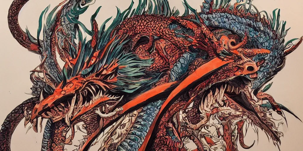 Image similar to a creepy fine - line gouache painting of a aztec dragon by kim jung gi in the style of art - nouveau art, trending on art station