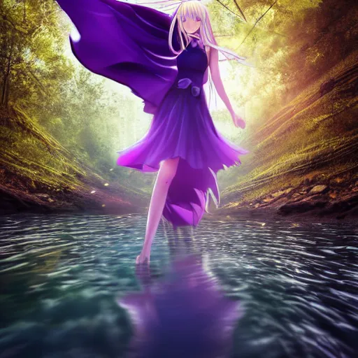 Image similar to advanced digital anime art, WLOP , a gorgeous high school girl with long gold and silver hair wearing a violet dress and bare feet walking through a crystal clear river, DOF, Gaussian Blur,