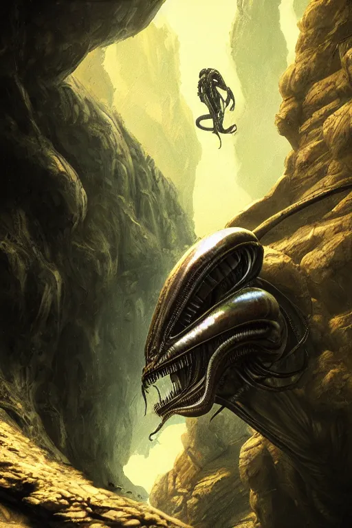 Prompt: alien xenomorph on a cave, close - up portrait, intricate, elegant, volumetric lighting, scenery, digital painting, highly detailed, artstation, sharp focus, illustration, concept art, luis rollo, ruan jia, steve mccurry, john berkey