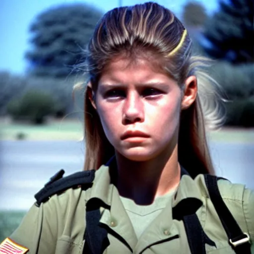 Image similar to linda hamilton in a military base, 1 9 8 7, movie still