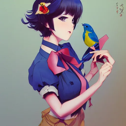 Image similar to colored pencil, anime art, beautiful full body female pinup girl, she is holding an indigo bunting bird, in her hand, the bird is wearing a bowtie, wlop, rossdraws sakimimichan, ilya kuvshinov, krenz cushart, greg rutkowski