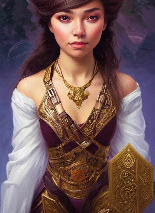 Image similar to portrait of russian mexican asian girl jodhpurs hyperborea lemuria, deep focus, d & d, fantasy, intricate, elegant, highly detailed, digital painting, artstation, concept art, matte, sharp focus, illustration, hearthstone, art by rhads by artgerm and greg rutkowski and alphonse mucha