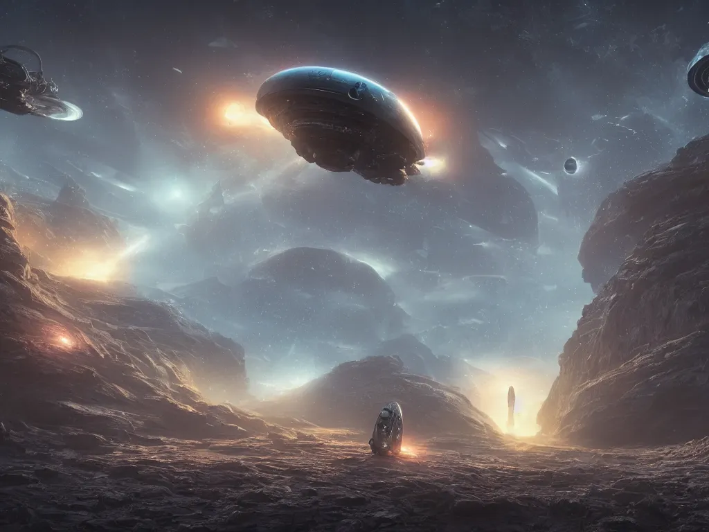 Image similar to deep space alien spacecraft landing on an alien planet surface, dust, particles, highly detailed, intricate, by Raphael Lacoste, Eddie Mendoza, Alex Ross, bokeh on background of neon outer space nebulas by Pilar Gogar, concept art, matte painting, 8K HDR