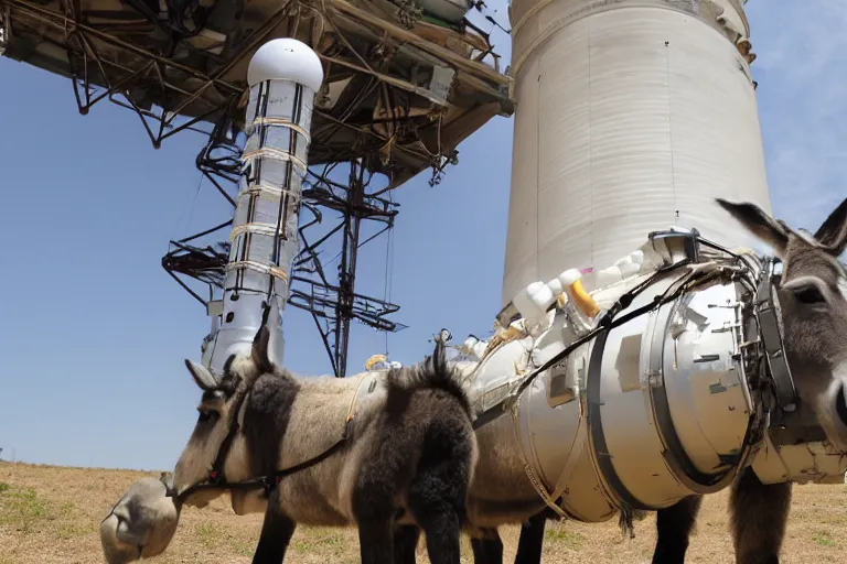 Prompt: a comically large rocket engine strapped to a donkey, photograph, ignition
