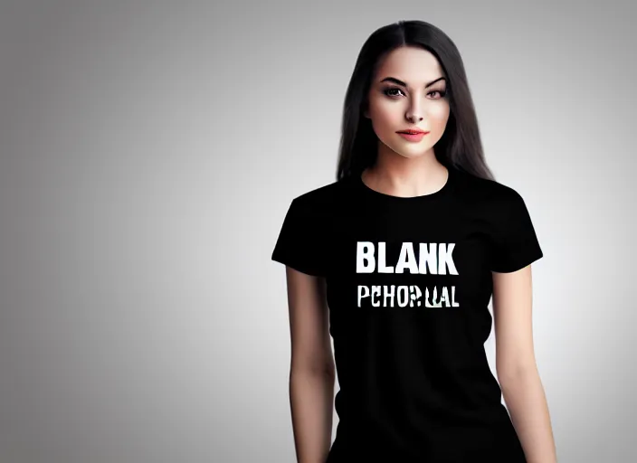 Prompt: clear photorealistic mockup product photograph of a blank black tshirt on an attractive female model in front of a livingroom!! background