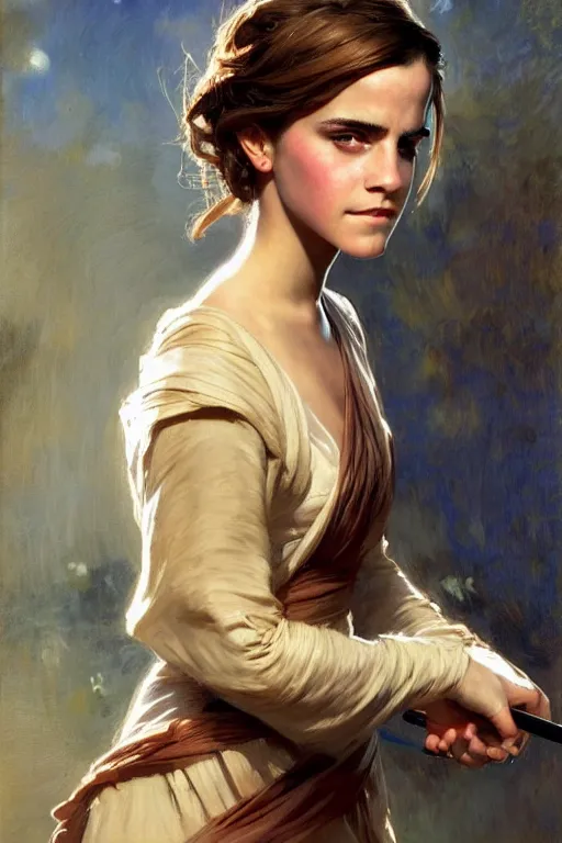 Image similar to detailed portrait of a beautiful emma watson dressed as jedi, painting by gaston bussiere, craig mullins, j. c. leyendecker