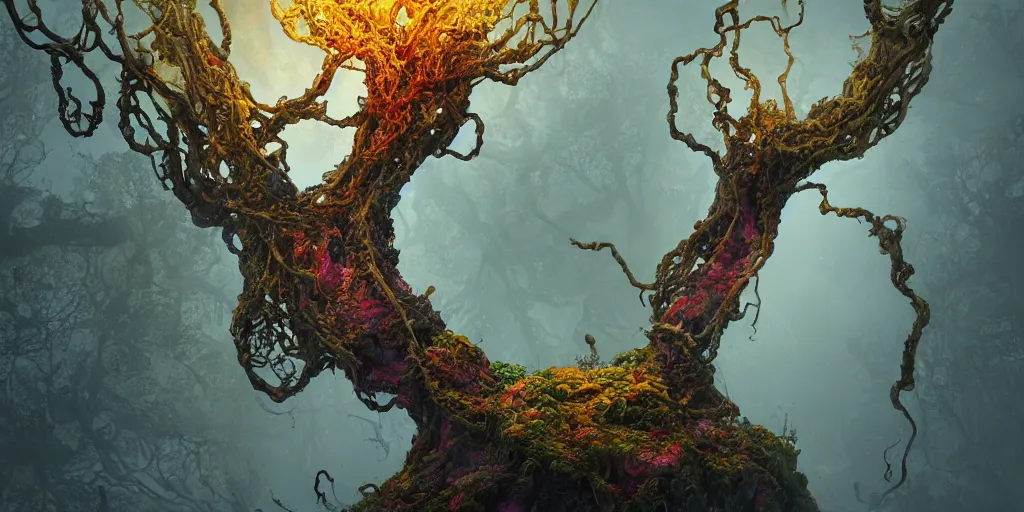 Image similar to Photorealistic symmetrical intricate detailed picture of a levitating floating spirit with arms outstretched, made from colourful fungus tendrils. a gentle rising mist, an epic rocky landscape. occult photorealism, UHD, amazing depth, glowing, golden ratio, 3D octane cycle unreal engine 5, volumetric lighting, cinematic lighting, cgstation artstation concept art