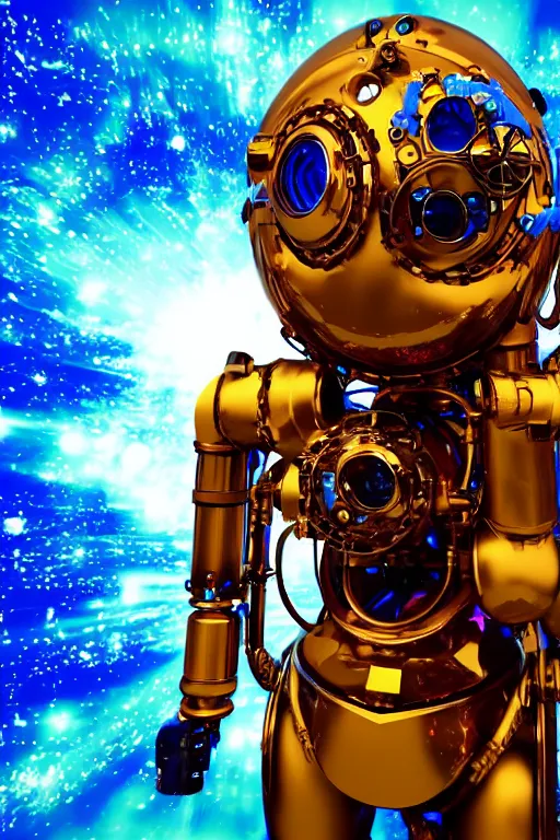 Image similar to portrait photo of a giant huge golden and blue metal humanoid steampunk robot singer with headphones and big gears and tubes, in front is a big red glowing microphone on a tripod, eyes are glowing red lightbulbs, shiny crisp finish, 3 d render, 8 k, insaneley detailed, fluorescent colors, background is multicolored lasershow