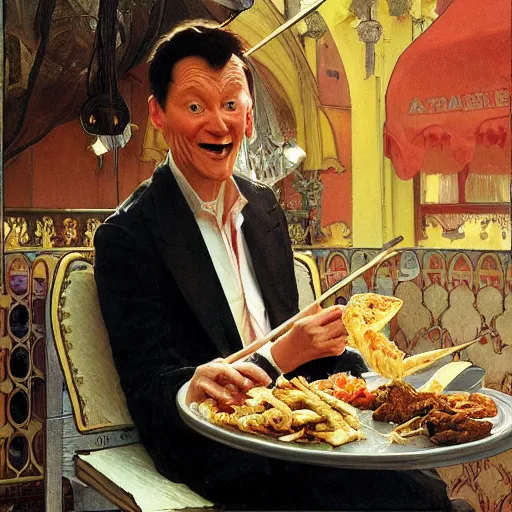 Image similar to kenneth williams eating a kebab, nier autoamata, highly detailed painting by ilya kuvshinov, alphonse mucha, gaston bussiere, craig mullins, j. c. leyendecker