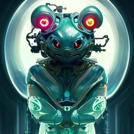 Prompt: futuristic Bulbasaur cyborg portrait, sci-fi, amber eyes, full body, fantasy, intricate, elegant, highly detailed, digital painting, artstation, concept art, smooth, sharp focus, illustration, art by artgerm and greg rutkowski and alphonse mucha