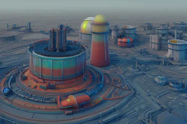 Image similar to nuclear power plant, colorful, sci-fi, utopia, octane render, substance painter, zbrush. Trending on artstation. 8K. Highly detailed.