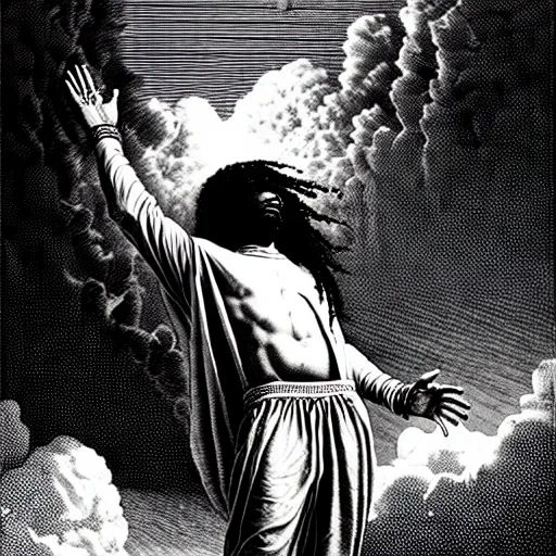 Image similar to cheef keef ascending into heaven holding actavis, biblical image, style of gustave dore, highly detailed, beautiful, high contrast, black and white