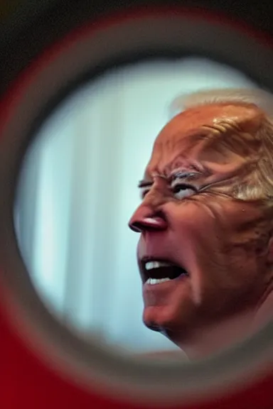 Prompt: a photo looking through the peephole of a door and seeing Joe Biden very close up