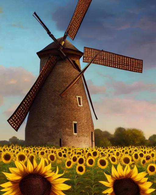 Image similar to epic portrait cinematic shot an windmill standing in a sunflower field, sunny day, village in the backround, carriage, fine details. night setting. realistic shaded lighting poster by craig mullism, artgerm, jeremy lipkin and michael garmash, unreal engine, radiant light, detailed and intricate environment, digital art, trending on art station,