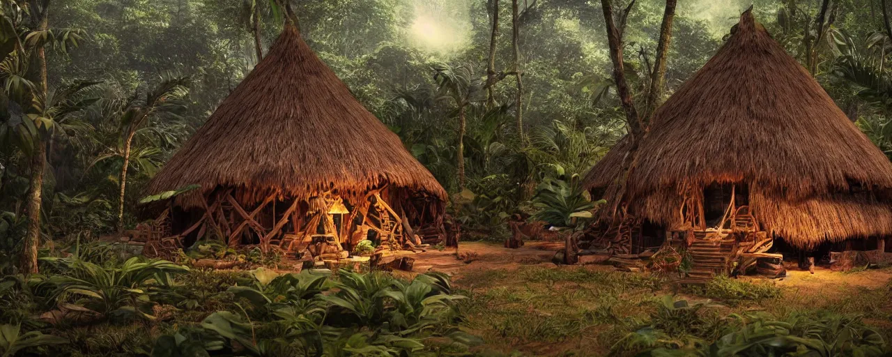 Prompt: an intricate concept art of a tribal hut in the middle of the amazon rainforest, artstation, sci - fi, hyper realistic, concept art, art by dylan cole, cinematic lighting, octane render