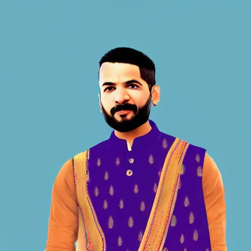 Prompt: brahmin drake the rapper wearing a silk kurta, indian flag background, photorealistic