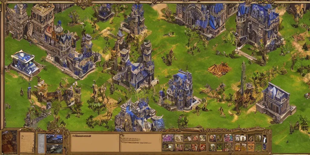 Prompt: art nouveau real time strategy in style of Pre Rafael, gameplay, units, buildings, base, medieval, fantasy, bright colors, high contrast, high detailed, Art Deco, Age of Empires 2, Warcraft 3 gameplay, Battle for MidlleEarth, Stronghold