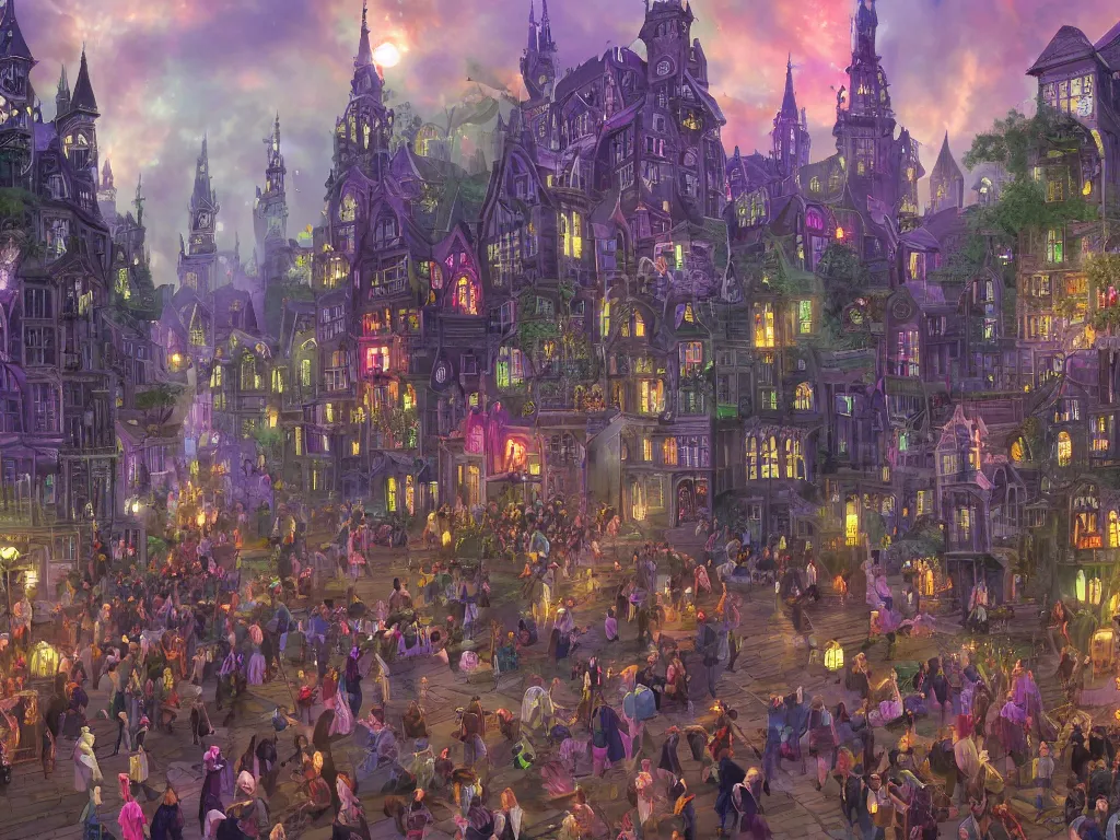 Prompt: A bustling magical town, witches and black cats are dancing around a colorful music festival, the large academy of magic and science can be seen towering in the distance, inspired by Victorian England and Amsterdam, highly detailed, digital painting, trending on artstation, matte painting