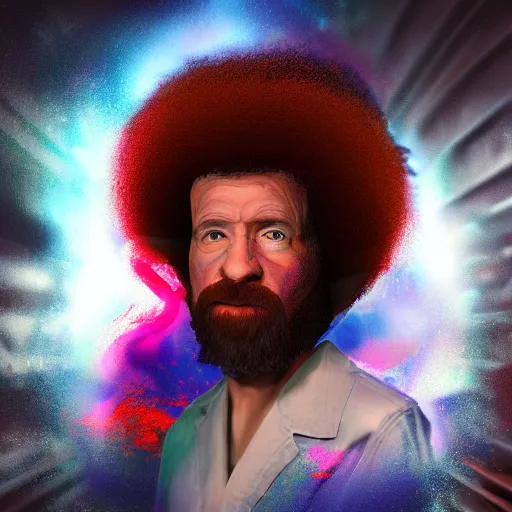 Image similar to improbability, octane render, portrait made of paint, splashes of colors, bob ross comic book art