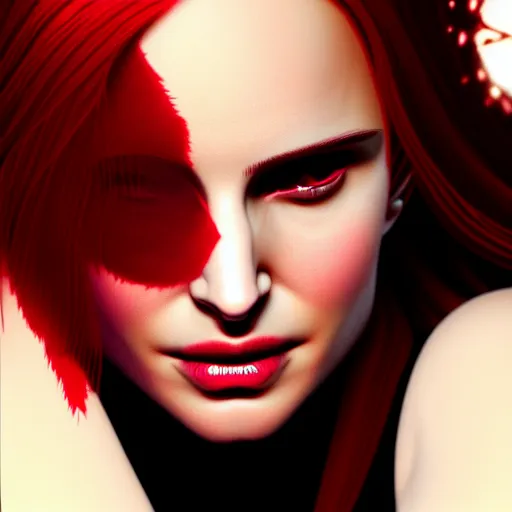 Prompt: beautiful female mage with red hair, natalie portman, black clothing, dark feathered wings, intricate, highly detailed face, trending on artstation, dramatic lighting, 4 k