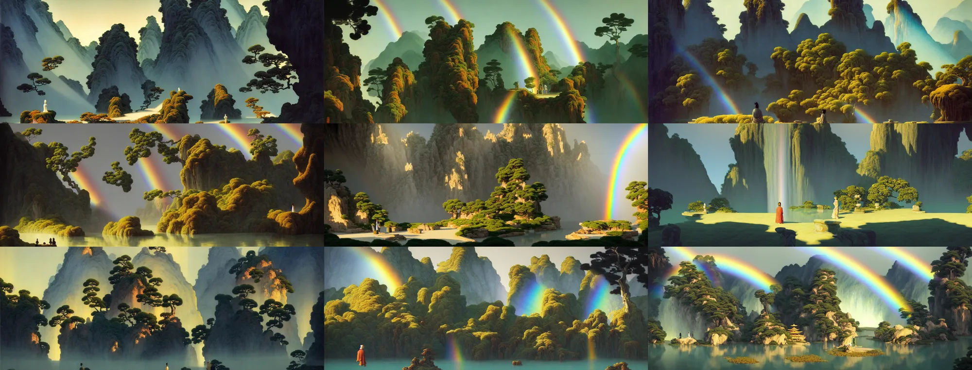 Image similar to a gorgeous landscape painting by barlowe wayne, maxfield parrish and marco mazzoni. chinese temple. sunny morning. a lonely chinese wuxia walks on the winding stone steps, stone gate to the dark cave, 3 d, octane render, turbulent lake, waterfall. fog, just one rainbow. 8 k.