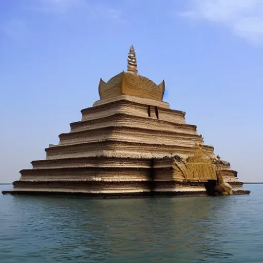 Image similar to floating temple in the middle of a large lake dedicated to the worship of sphinx cats