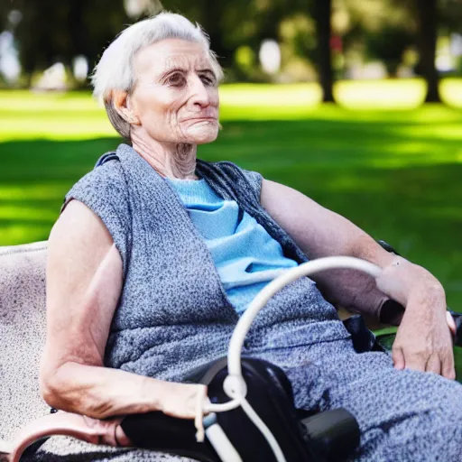 Prompt: an older woman sitting in a park using an oxygen tank, 4 k,