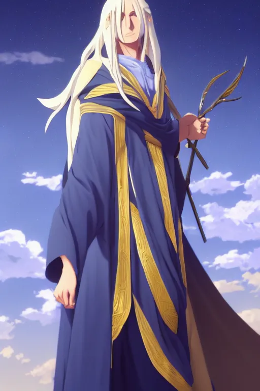 Image similar to card art of a young man wizard with long white hair wearing blue and golden robes, makoto shinkai, very detailed, matte, tonemapping, bbwchan, perfection, 4K, William-Adolphe Bouguereau