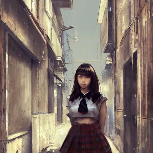 Image similar to a perfect, realistic professional oil painting of a Japanese schoolgirl posing in a dystopian alleyway, style of Marvel, full length, by a professional American senior artist on ArtStation, a high-quality hollywood-style concept