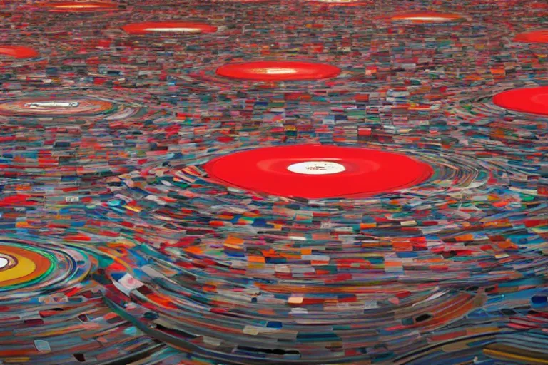 Image similar to an expressive painting of a floor of vinyl records, dark background, red rim light, digital art, artstation, concept art by giger stalenhag