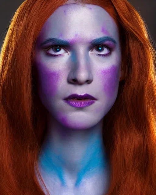 Image similar to dramatically - lit closeup portrait photograph of daphne from the scooby - doo live - action film ( 2 0 0 2 ), sharp details, vignette, high saturation, smooth textured skin, subsurface scattering, purple outfit, photograph by mark mann and martin schoeller and annie leibovitz, 4 k, soft focus, centered, symmetrical