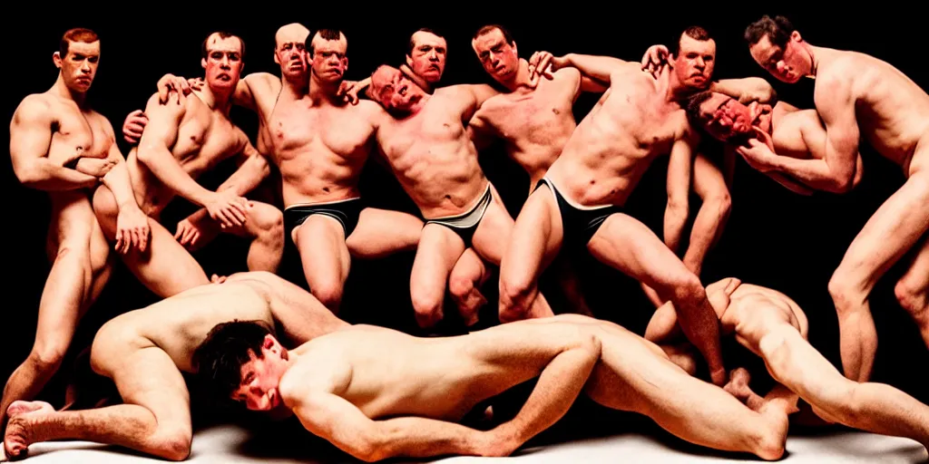 Image similar to full body portrait of men wrestling highly detailed sharp zeiss lens high contrast chiaroscuro detailed by gottfried helnwein ryan mcginley robert mapplethorpe david armstrong alexander mcqueen tom of finland