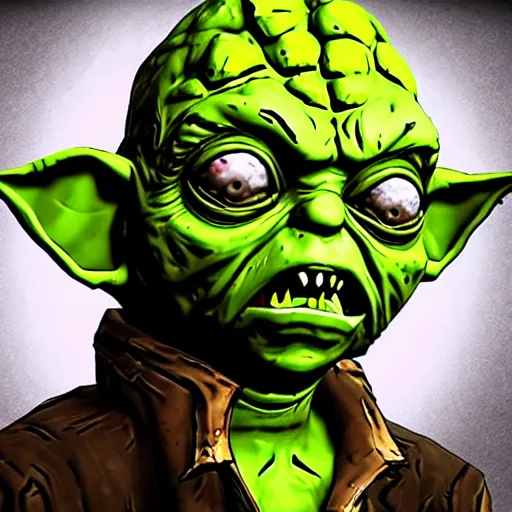 Prompt: zombie yoda, yoda as a zombie, in borderlands 2, zombified, scary