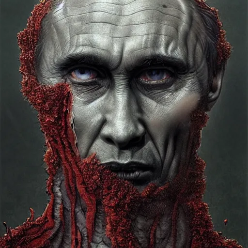 Image similar to rotten worm with face of vladimir putin face made of worms demonic horror, dark fantasy, intricate, highly detailed, smooth, artstation, painted by wayne barlowe, greg rutkowski, zdislav beksinski, francis bacon